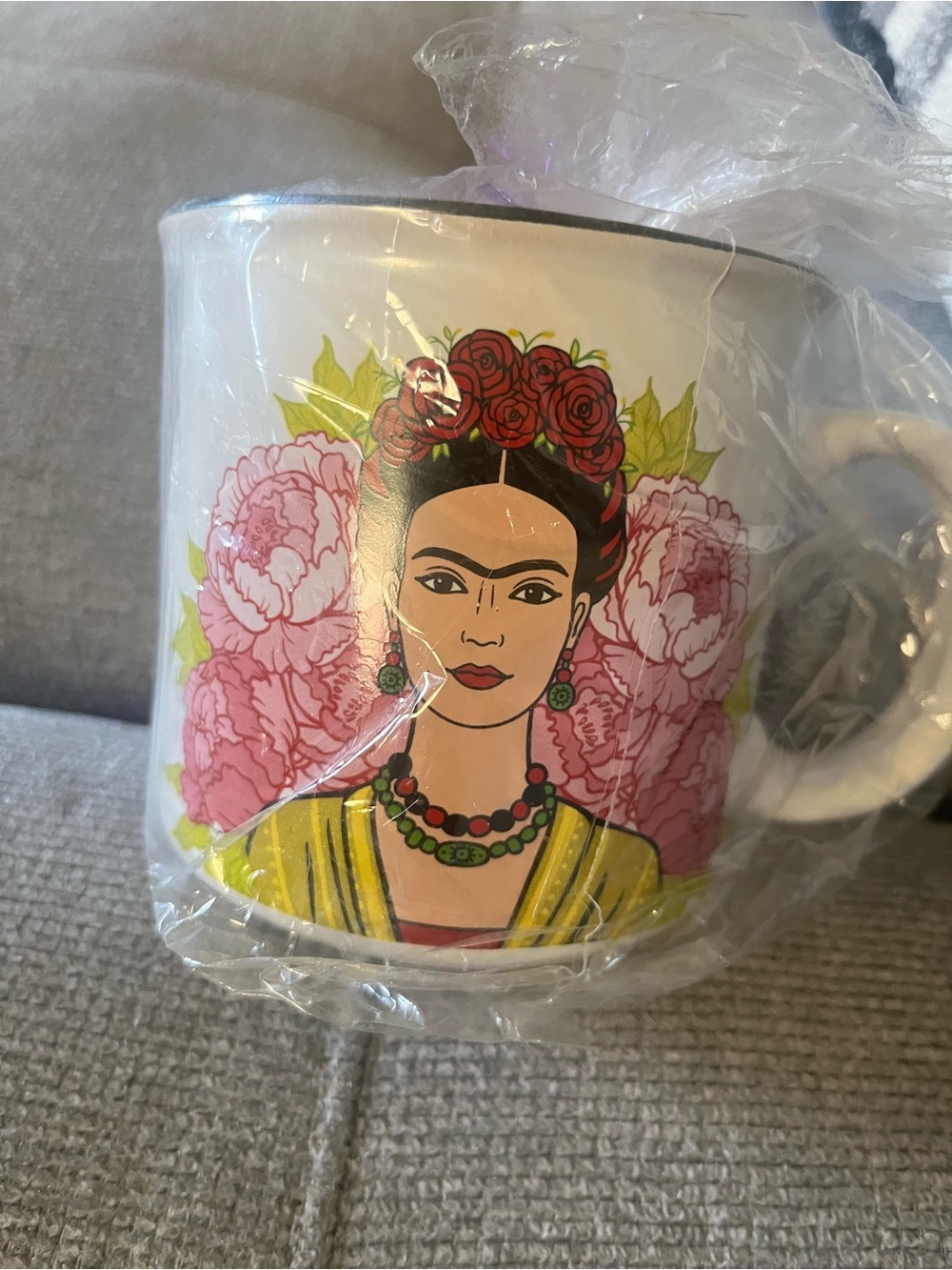 White Ceramic Mug with Pink Floral Portrait Artwork